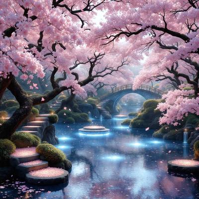 The primary subject of the image is a beautifully designed garden with a pond, surrounded by cherry blossoms. The setting is a serene and picturesque environment, with the cherry blossoms adding a touch of elegance and tranquility. The visual style of the image is a combination of photo and digital art, creating a stunning and realistic representation of the garden. The colors and mood of the image are predominantly pink, which is associated with love, romance, and happiness. The overall atmosphere of the image is one of peace and relaxation, inviting viewers to enjoy the beauty of the garden.
